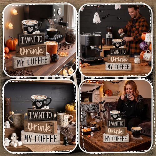 Moucuny 4 Pcs Halloween Coffee Wood Blocks Tiered Tray Decor Farmhouse - Image 5