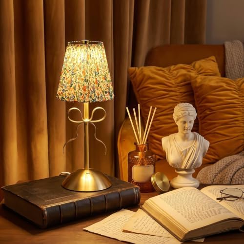 Liliful 2 Pcs Cordless Table Lamp LED Touch, Gold, Floral Style Bow - Image 5