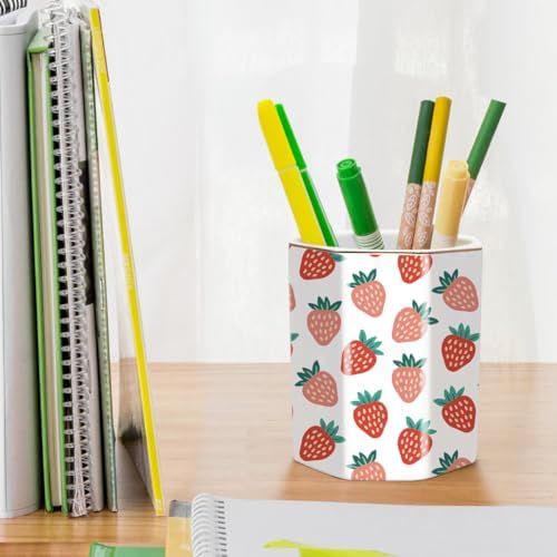 Ceramic Strawberries Pen Holder for Desk Cute Pencil Cup Desk Organizer Makeup Brush Holder for Girls, Women, Stationery for Office, Home, Daily Use, (Pink+white) - Image 4