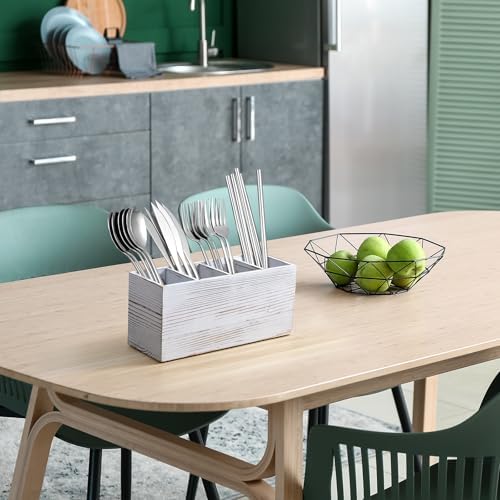 Pencil Pen Holder for Desk, White Washed Wood Office Desk Organizers and Accessories with 4 Slots for Countertop, Makeup Brush Holder Organizer for Bathroom Vanity, Silverware Caddy for Party - Image 7