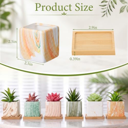 Ziliny 12 Pcs Marbling Ceramic Flower Pot Succulent Small Plant Cactus Herbs Planter Ceramic Pot with Drainage Hole Matte Container (Square Style) - Image 2