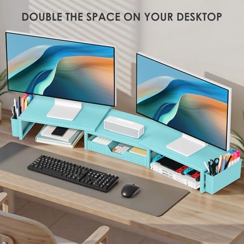 Desk Organizers and Accessories, Dual Monitor Stand Riser with Drawer and 2 Pen Holders, Desk Shelf Printer Stand for Office Workspace Organizers, Desktop Organization (Blue) - Image 4