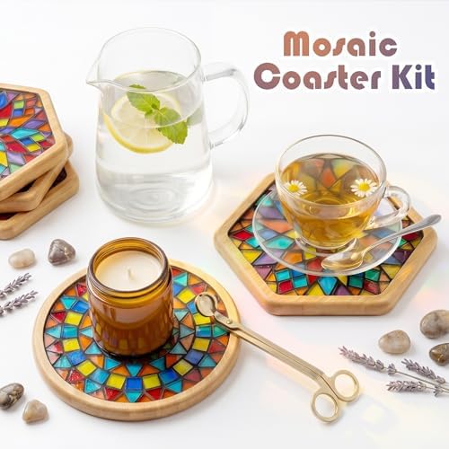 DIY Mosaic Tiles Crafts Kits for Adults, Mixed Stained Glass Mosaic Kit with 2 PCS Wooden Coaster Making Materials Package,Mosaic Adult Crafts for Women Beginners Handmade Home Decor Gifts - Image 3