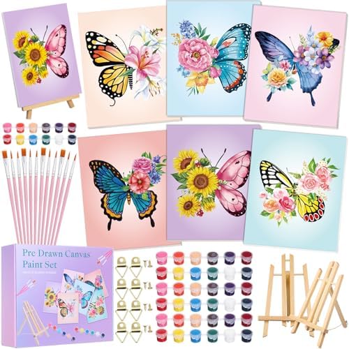 Engrowtic 57pcs Butterfly Sip and Paint Kit for Adults Pre Drawn Canvas Set by Engrowtic