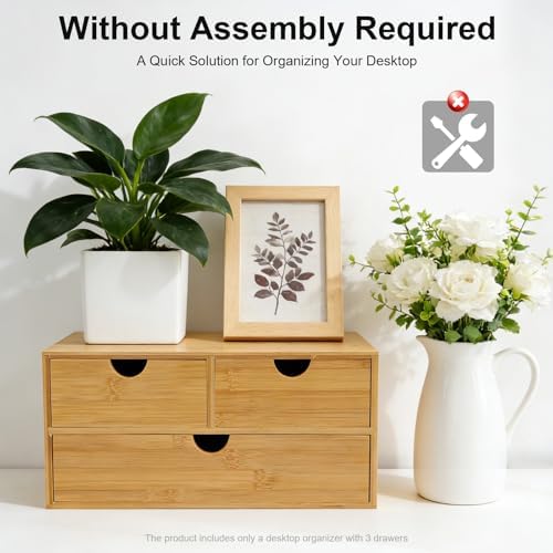 Desk Organizer, Office Vanity Bamboo Desk Organizer, Mini Bamboo Desk Drawer Tabletop Storage Box with 3 Drawer Night Stand Table Organizer for Makeup Vanity Office Supplies (3 Drawer, 2 Top+1 Bottom) - Image 5