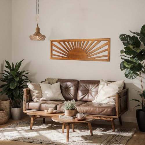 Burbell Horizontal Sun Wall Art, Boho Wooden Room Decor, 35"x12" Dark Brown - Image 4