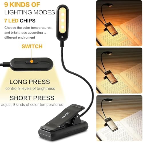 VAVOFO Clip On Rechargeable Reading Light, 7 LEDs with 3 Colortemperature 9 Brightness Levels Book Lights for Reading in Bed with Power Indicator for Bookworms (2 Pack Black) - Image 3