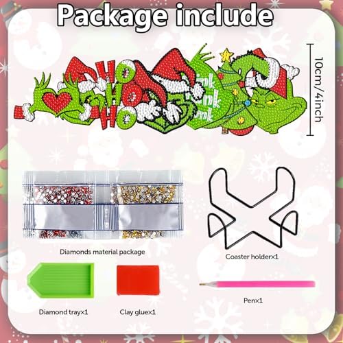 8 Pcs Christmas Diamond Art Painting Coasters Kits DIY Cartoon Diamond Art Painting Coaster Xmas Green Coasters with Holder Diamond Craft Painting Kits Supplies for Holiday Gift - Image 2