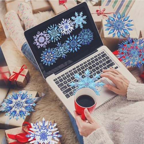 Demonwer 8 Pieces Snowflake Diamond Art Coasters Kits DIY Christmas Diamond Coasters with Holder 5d Snowflake Diamond Dot Coaster for Adults Diamond Painting Kits Supplies - Image 5