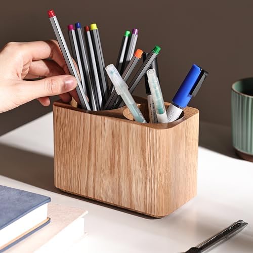 Oak Solid Wood Pen &Pencil Holder for Desk, Office Stationery Organizer, Table Pencil Cup Stand,Desk Accessories Holder, Two Cups Practical Design. (Nature Oak) - Image 3
