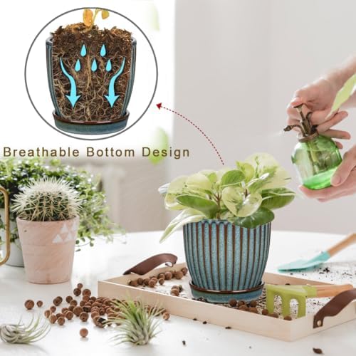 Oairse Ceramic Pots for Indoor Plants, 4.9 +5.7 inch Pots for Plants Set of 2 Marble Blue Plant Pots with Drainage Holes and Saucers Texture Ceramic Planters Indoor Outdoor Flower Pots for Succulent - Image 6