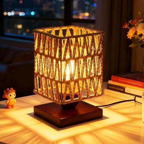 Small Rattan Table Lamp,Boho Mini Bamboo Bedside Lamps for Bedroom,Handwoven Vintage Wicker Nightstand Lamp with LED Bulb,Woven Ambient Night Light for Living Room Office Entryway Home Decor by Unknown