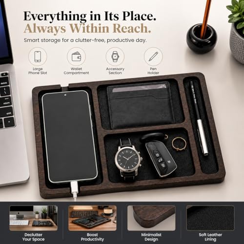 Desk Organizer Tray for Men with Ceramic Pen Holder, Wooden Valet Tray, Minimalist EDC Desk Organizer for Phone, Wallet, & Keys, Nightstand Bedside, Entryway, Birthday Gift for Him - Image 2