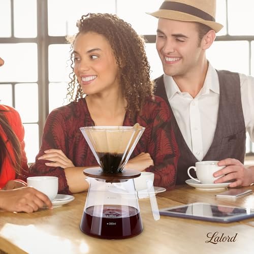 Lalord Pour Over Coffee Maker, 20 oz Borosilicate Glass Set with 100 pcs Paper Filter, Walnut Collar & Glass Lid, Drip Coffee Maker, 1-3 Cups, Clear, 600 ml, Petal Shape - Image 7