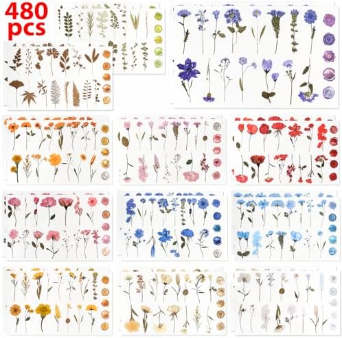 NESSCCI Pressed Flower Themed Stickers (Assorted 480 Pieces,24 Sheets) Scrapbook Supplies,Stickers for Journaling, Dried Floral Resin,Scrapbook Sticker,Junk Journal Sticker by NESCCI