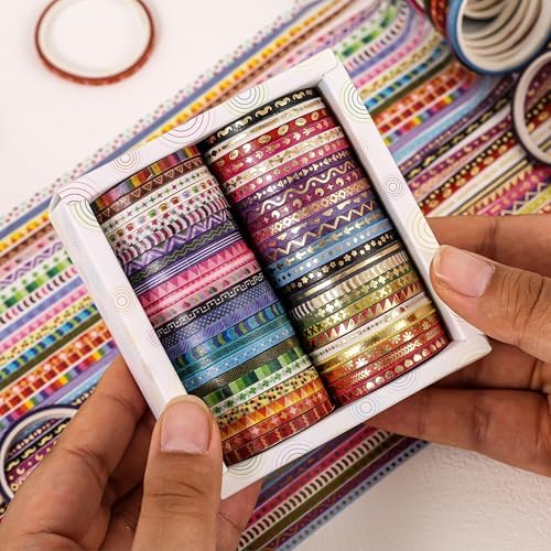 emmoolife 50 Rolls Skinny Washi Tape Set 3mm Wide, Gold Foil Print Masking Thin Basic Patterns Decorative Tapes for Scrapbooking, Junk Journal Supplies, Bullet Journaling, Craft Tape for Women Girl - Image 2
