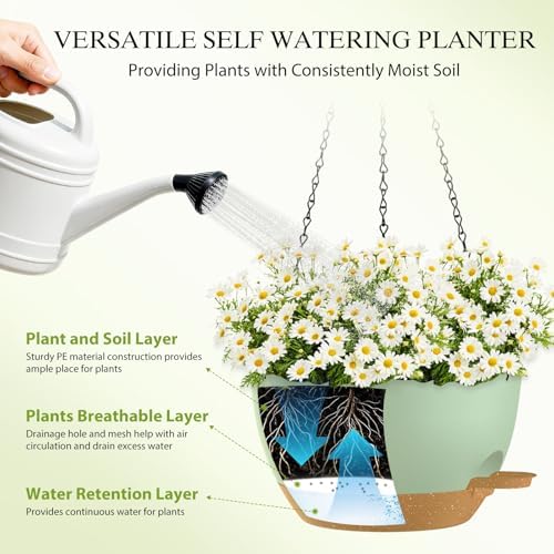 10 Inch Hanging Baskets 2 PC with Chains, Self-Watering Hanging Planters for Indoor Outdoor Plants, Plastic Hanging Flower Pots,Green Brown - Image 4