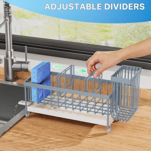 Cisily Sponge Holder for Kitchen Sink, Sink Caddy Organizer with High Brush Holder, Kitchen Countertop Organizers and Storage Essentials, Rustproof 304 Stainless Steel (Gray Blue, 9.25″) - Image 5