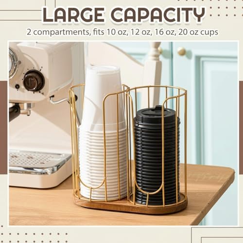 Geelin 18oz Adjustable Coffee Cup Dispenser with Wooden Base, Cup and Lid Holder, Cups Holder Organizer for Coffee Pod Straw and Lid Storage(2-compartment Single,Color 2) - Image 3