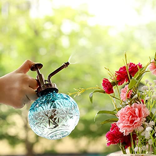 Hniuyun Glass Plant Mister Spray Bottle, 6.5inch Tall Vintage Round Spritzer with Bronze Plastic Top Pump for Watering Your Garden (Blue White Gradient) - Image 6