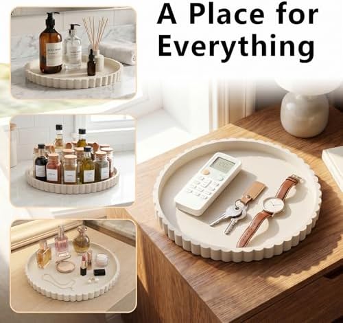 Silicone Bathroom Vanity Trays for Counter - 9.1 Inch Round Small Bathroom Tray with Scalloped Edge Vanity Organizer, Coffee Table Decor, Decorative Tray for Candle Key Skincare Perfume Storage, Beige - Image 5
