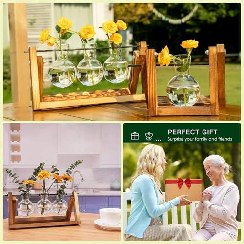 Kingbuy Plant Propagation Station, 3 Glass Bulb Vases with Wooden Stand - Image 4