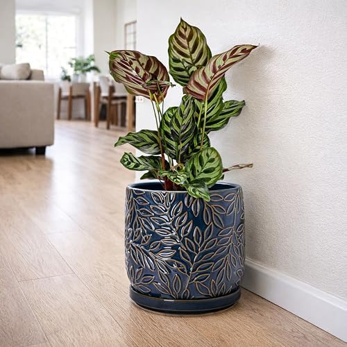 D'vine Dev Embossed Leaves Ceramic Planter, 8 in, Midnight Blue, 27-A-Q-3 - Image 6