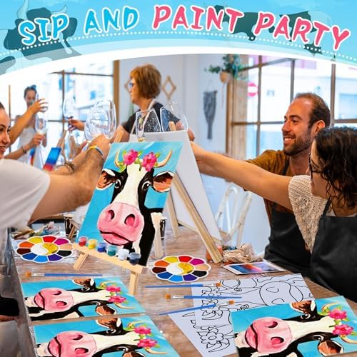 Motipuns 6 Set Pre Drawn Canvas for Painting for Adults Sip and Paint Kit with Easels 8 x 10 Inches Paint Party Kit with Printed Canvas Paints Brushes Palette Apron(Cow) - Image 5