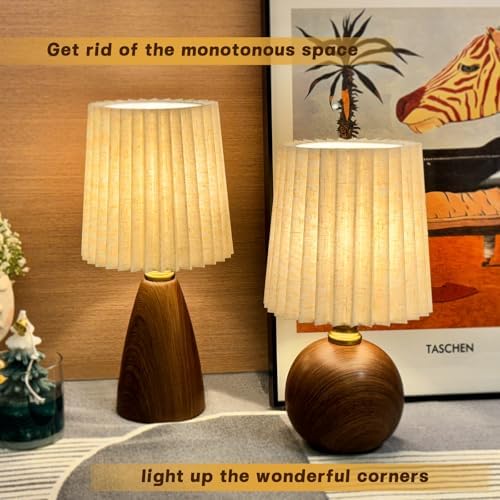 Small Pleated Table Lamp for Bedroom, Bedside Lamps for Nightstand, Dimmable Desk Lamp Ceramic Wood Grain Base Round Flaxen Fabric Shade for Living Room, Kids Room,LED Bulb Included(Art Deco) - Image 6