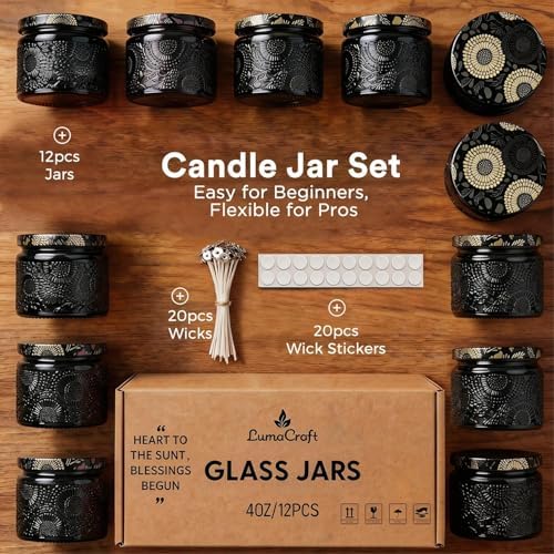 LumaCraft Luxury Embossed Glass Candle Jars for Making Candles - 12 Pack Empty Candle Containers with Airtight Metal Lids, 20 Wicks & 20 Stickers, Colored Glass Jars for Gifts & Decor-4oz - Image 2