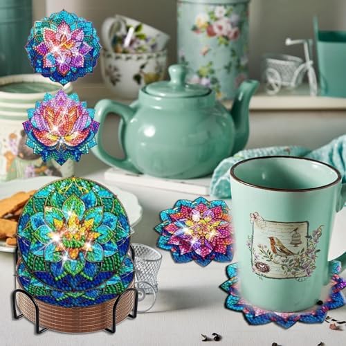 Demonwer 8 Pieces Lotus Diamond Painting Coasters with Holder DIY Cute Lotus Diamond Art Coasters 5d Lotus Diamond Coasters with Cork Pads for Beginners Adults for Christmas Holidays Gift - Image 4