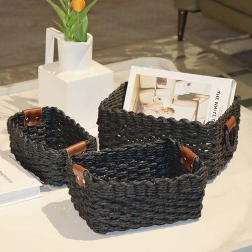 QINGTUHONE Woven Paper Rope Wicker Basket for Organizing(Set of 3,Black) - Image 4