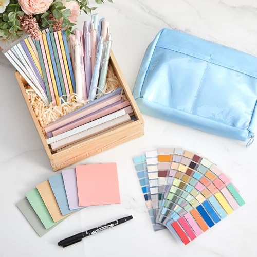 Trandraft 135 Pcs Book Annotation Kit with Pencil Case, 12 Pastel Highlighters, 11 Gel Pens, Fine Marker, 300 Transparent Sticky Notes, 2640 Index Tabs, Bible Study Supplies Kit(Kawaii,Blue) by Trandraft
