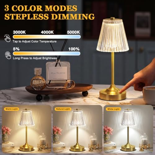 Kakanuo Gold Cordless Rechargeable Table Lamp, Touch Battery Powered Lamp, 3 Color Modes, Crystal Acrylic Lampshade, Portable Ambient Night Light for Desk, Bedroom, Dining Room, Kitchen, Bar (2 Pack) - Image 2