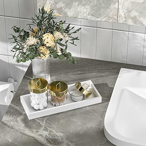Bathroom Vanity Tray for Counter Bamboo Bathroom Decorative Tray, Dresser Top Perfume Tray for Home Decoration 11.3” L x 4.4” W x 1.14” H （White） - Image 2