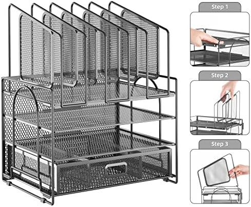 Marbrasse Desk Organizers, 4-Tier Mesh Desk File Organizer with 5 Vertical File Holders and 2 Pen Holders, Multifunction Desktop Organizer,Desk Organizers and Accessories for Home Office (Gray) - Image 6