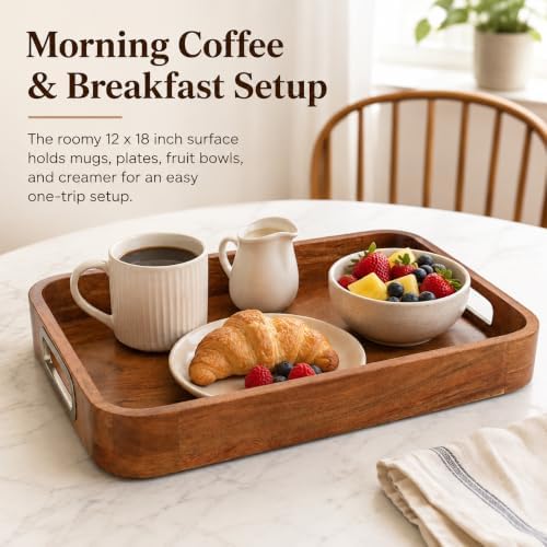 Acacia Wood Serving Tray with Handles, 12x18 Inch, Natural Grain - Image 2