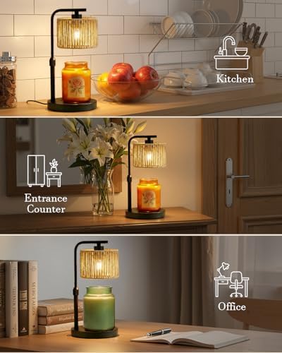 Candle Warmer Lamp, Timer Dimmable Candle Lamp, Adjustable Height and Brightness Black Candle Warmer, Boho Rattan Lampshade and 2 Bulbs, Suitable for Home Decor, Birthday Gifts for Women Mom - Image 4