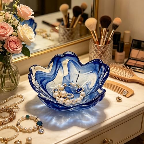 Blue Flower Ring Dish, Small Glass Jewelry Dish Tray, Ring Holder Jewlery Tray Trinket Dish, Bathroom Nightstand Decor Jewelry Bowl Christmas Friendship Birthday Gifts for Women, Soap Dish - Image 7