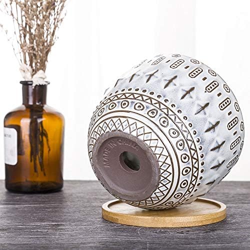 VanEnjoy 5.5 inch Large Round Bohemian Style Ceramic Planter, Geometry Engrave Off White Brown Succulent Planter Flower Pot, Indoor Outdoor Decorative Planter - Image 3