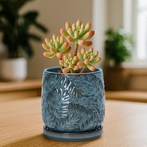 D'vine Dev Embossed Leaves Ceramic Planter, 4 in, Ocean Teal, 27-A-Z-8 - Image 2