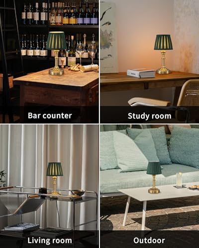 KDG Gold Cordless Table Lamps Set of 2, Green Fabric Shade Small Desk Lamp - Image 6