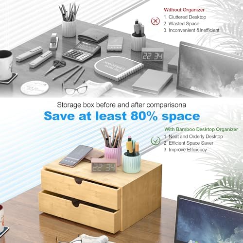 Bamboo Desk Drawer Organizer, Large Desktop Organizer with Drawers Tabletop Storage Organization Box for Office Home Toiletries Supplies Vanity, No Assembly Required (2 Drawer) - Image 5