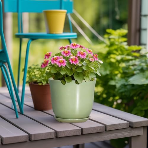 5.6 Inch Plant Pot - Ceramic Pots for Plants Indoor Outdoor, Round Orchid Succulent Pot with Drainage Hole and Saucer, Modern Small Planter, Home Room Window Decor, Plants Lover Gift, Green - Image 4
