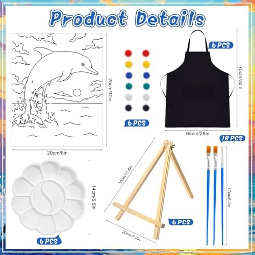 Motipuns 6 Set Pre Drawn Canvas for Painting for Adults Sip and Paint Kit with Easels 8 x 10 Inches Paint Party Kit with Printed Canvas Paints Brushes Palette Apron(Sunset Dolphin) - Image 3