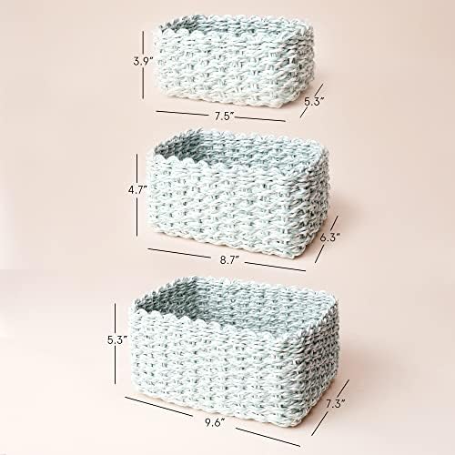 LA JOLIE MUSE Paper Rope Storage Baskets for Organizing, Recycled Wicker Storage Basket Container Bins for Shelves Cupboards Drawer, Small Woven Basket Set of 3 (Green White) - Image 4