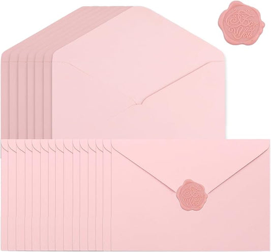 20 Pack Pink Envelopes 5x7 for Invitation, A7 Invitation Envelope with Wax Seal Sticker for Birthday, Weddings, Graduations, Greeting Cards, Baby Shower Invite
