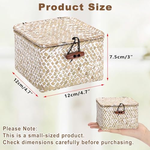 Hipiwe Small Seagrass Basket with Lid Handwoven Decorative Shelf Basket Mini Wicker Storage Box Multipurpose Desktop Organizer for Key Hair Ties, Whitewash 4.7" x 4.7" x 3" - Image 3