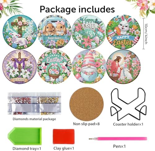 NEGEKFKX 8 Pcs Easter Diamond Art Painting Coasters Kits,Christianity Coaster with Holder for Adults, Non-Slip DIY Dot Paint Craft Kits,5D Full Drill DIY Diamond Dot Gem Art Kit Home Decor Arts Craft - Image 4