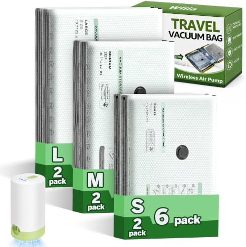 6 Packs Vacuum Bags for Travel with Rechargeable Pump, 3 Sizes Heavy Duty Vacuum Seal Bags for Clothing, Compression Vacuum Travel Bags for Luggage, Vacuum Packing Bags for Closet Organization by Wfiia